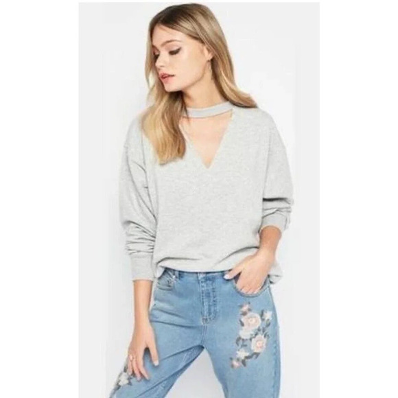 Miss Selfridge Women’s Cut Out V-Neck Sweatshirt Shirt Size 12 Grey - Picture 1 of 13